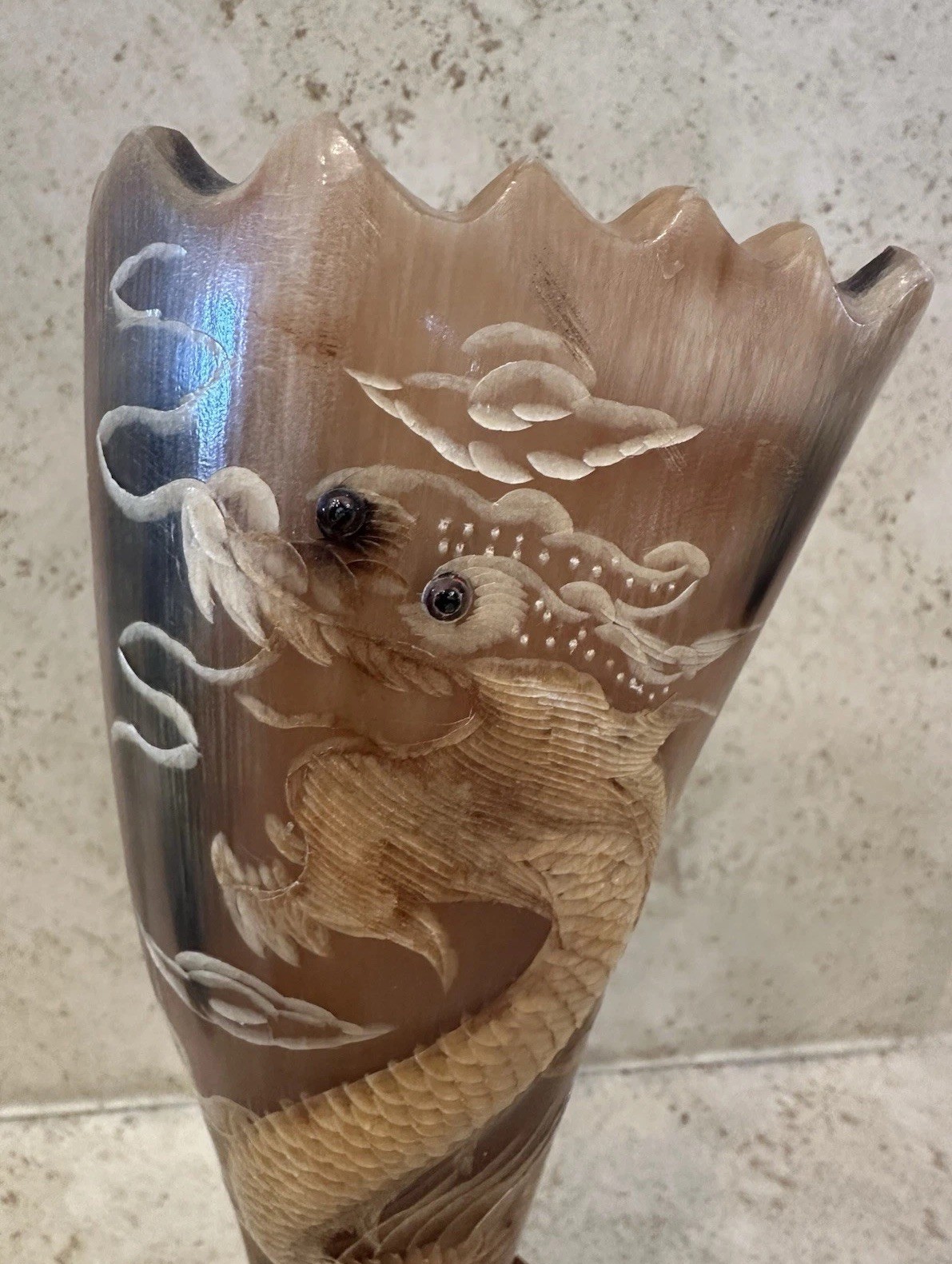 Vintage Thai Carved Horn Vase Dragon Motif Handicraft Wood Base Decor – Textured