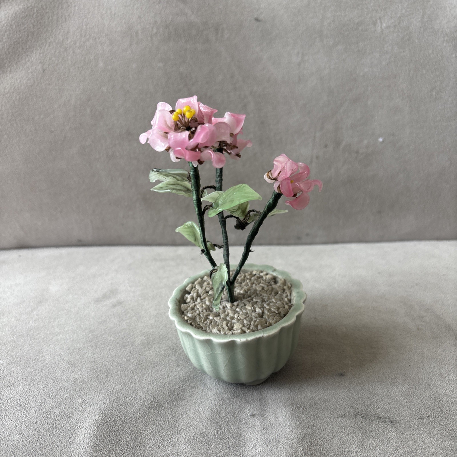 Vintage Chinese Bonsai Tree Jade Glass Leaves Pink Flowers in Green Celadon Pot