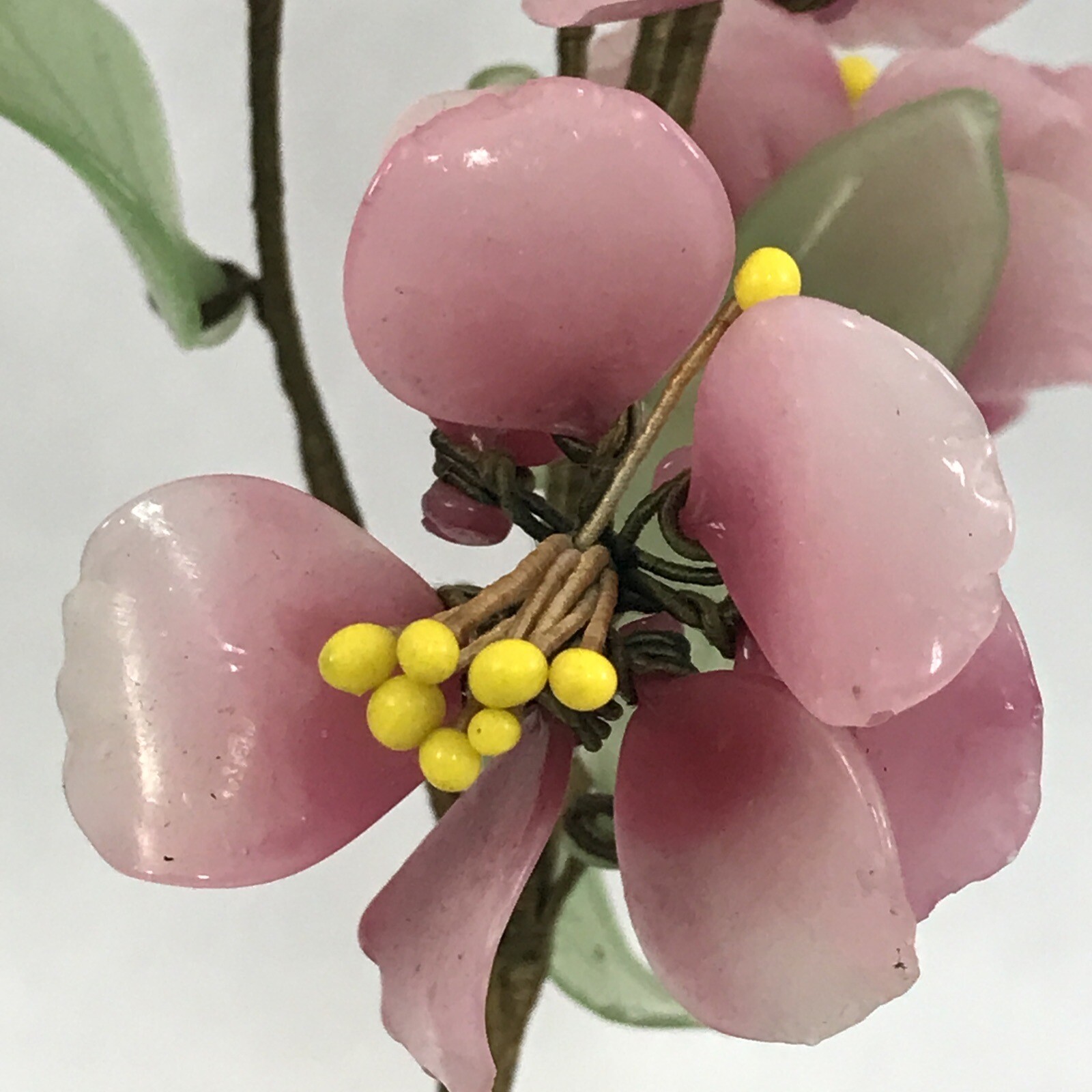 Pink Flower Decorative Asian Style Jade Glass Flowers Bonsai Plant Celadon Pot