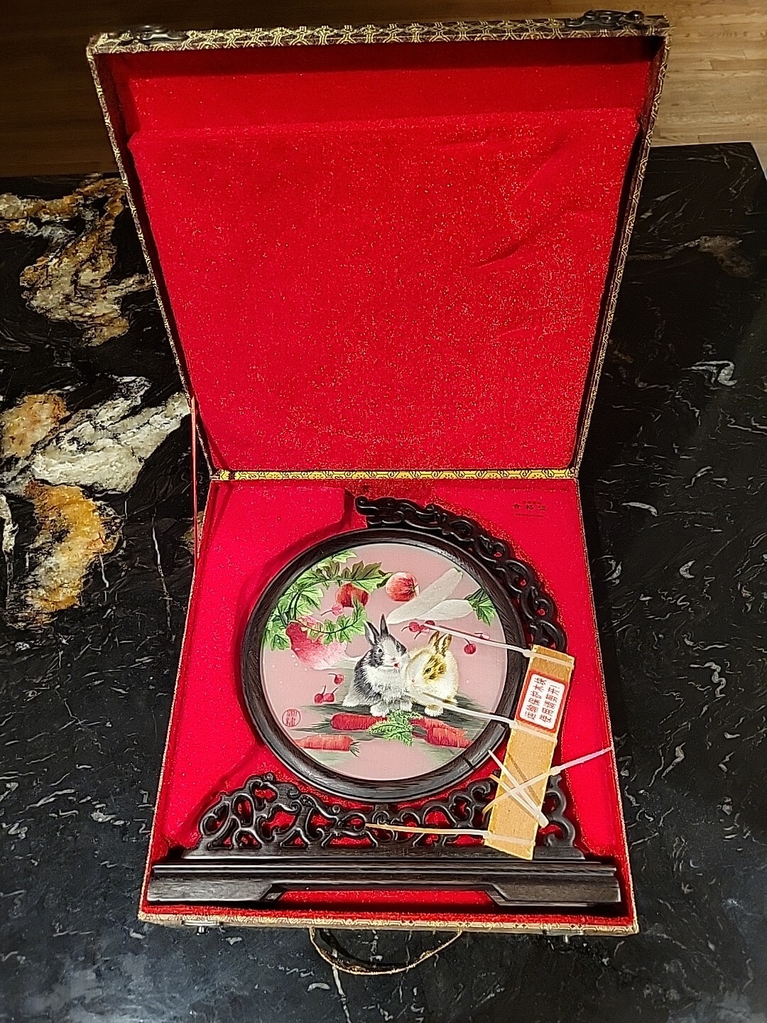 Chinese Silk Embroidery In Spinning Frame With Stand & Silk Box Vintage