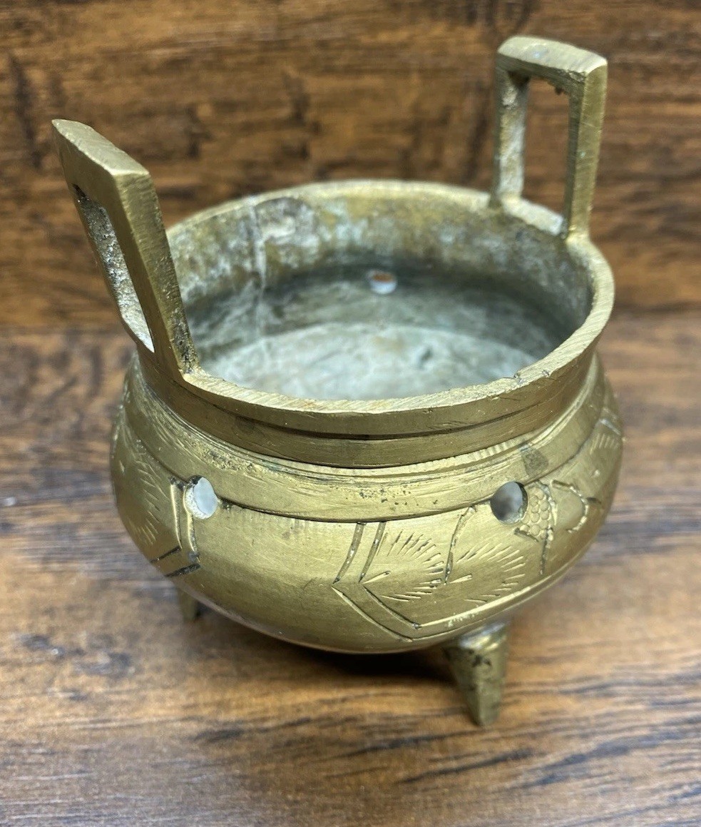Chinese Brass Tripod Censer Incense Burner Altar Bowl Marked Vintage