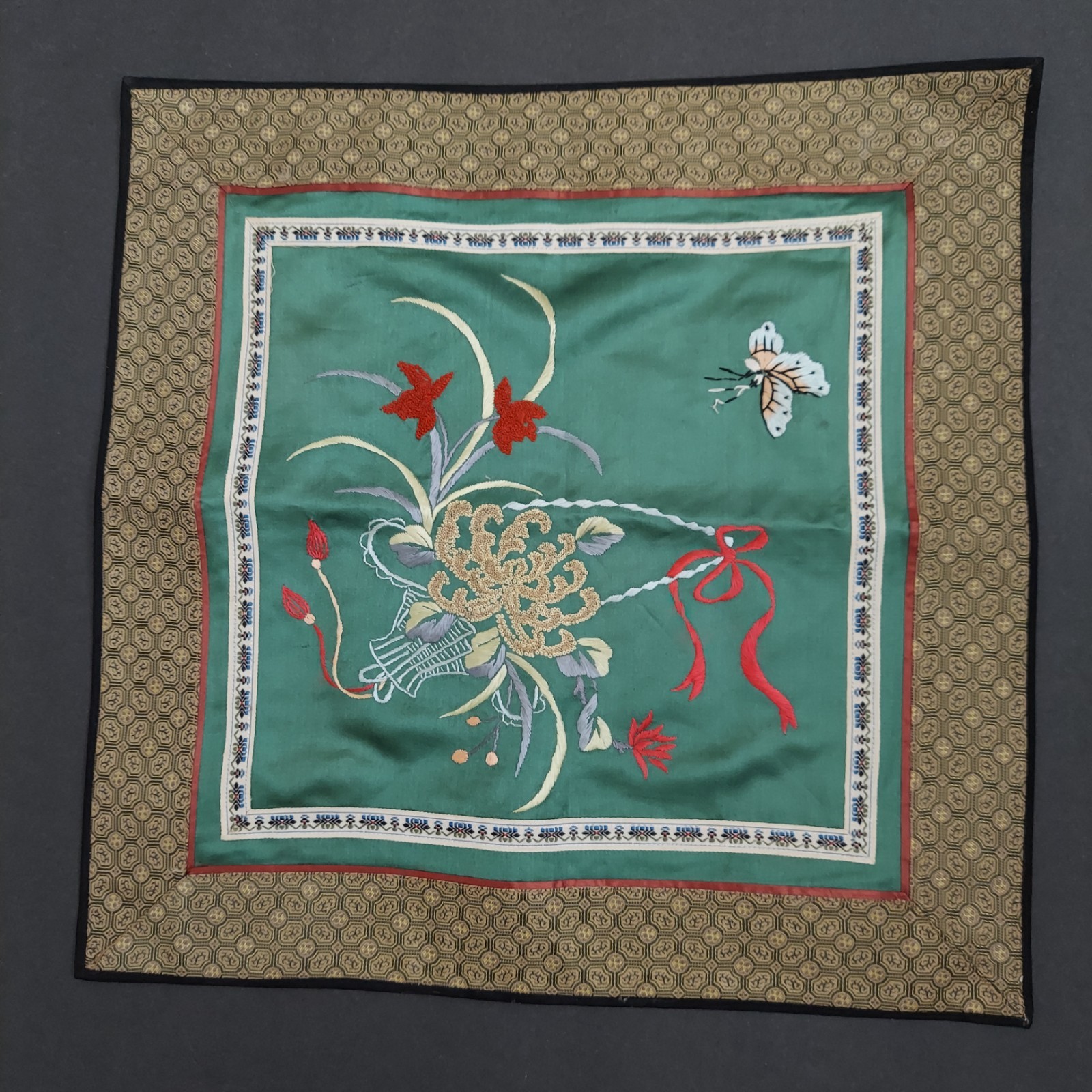 2 VTG Chinese Silk Embroidery Butterfly & Flowers Square Table Mat / Doily 14×14