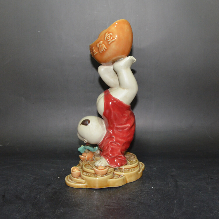 10.6″Collect China Jingdezhen Porcelain Yuen Bo Copper Cash Handstand Boy Statue