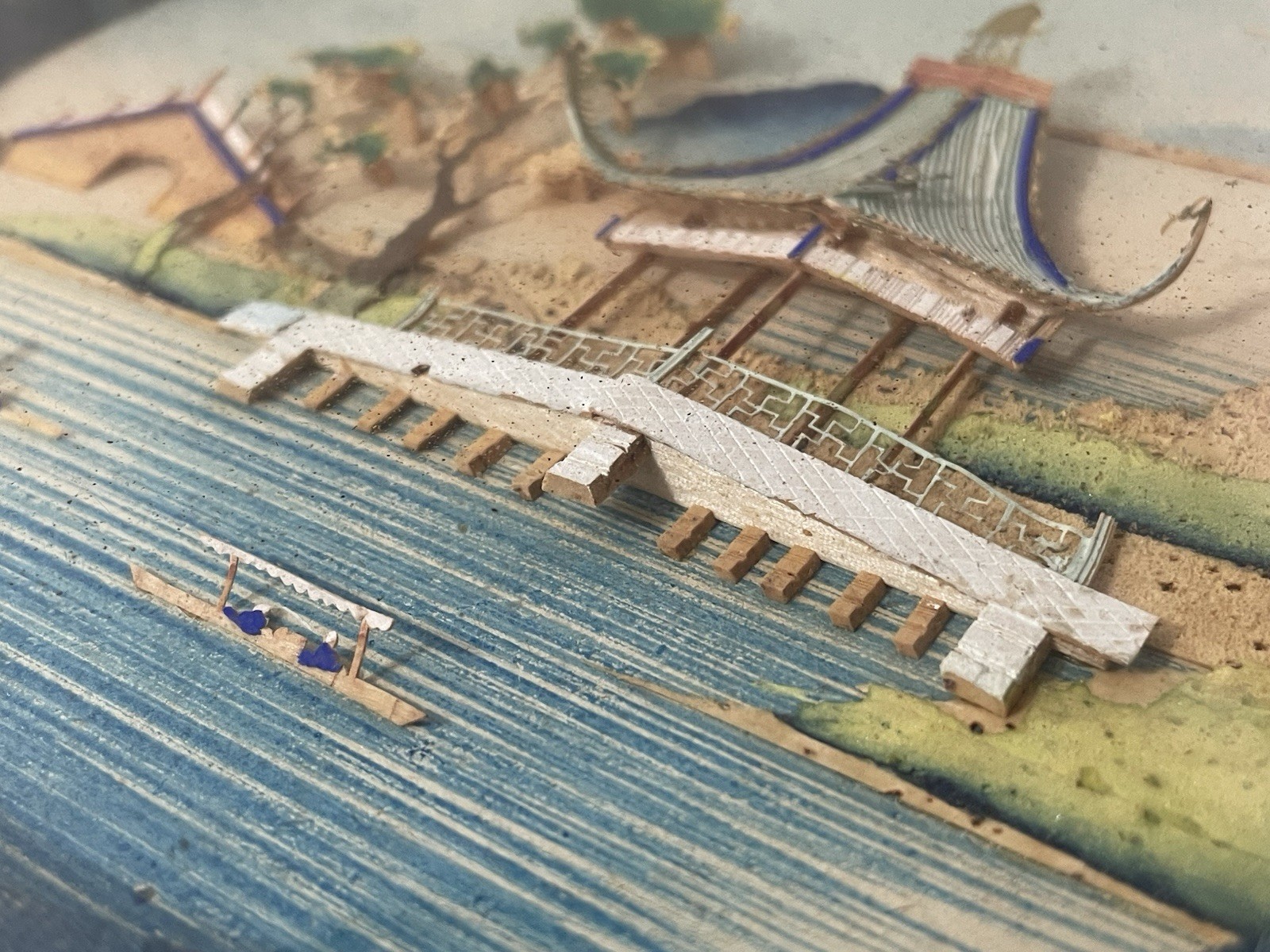 Vintage Chinese Cork Diorama Shadowbox Landscape Gold Frame 10×10” AS IS