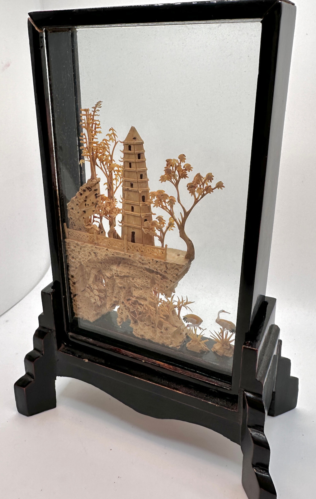 Vintage Hand-Carved Asian Cork & Wood Pagoda Diorama Black Lacquer Stand San You
