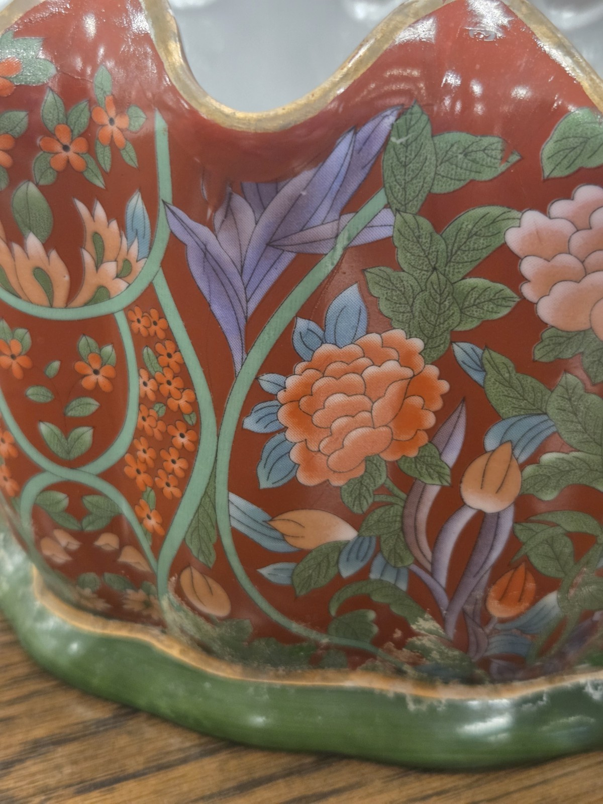 Chinese Foot Bath Satsuma Style Floral Red Vtg Porcelain Jardiniere Gold