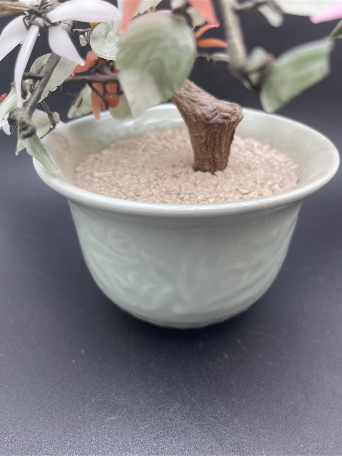 Vintage Medium Chinese Jade Quartz Stone Glass Flower Bonsai Tree Celadon As Is