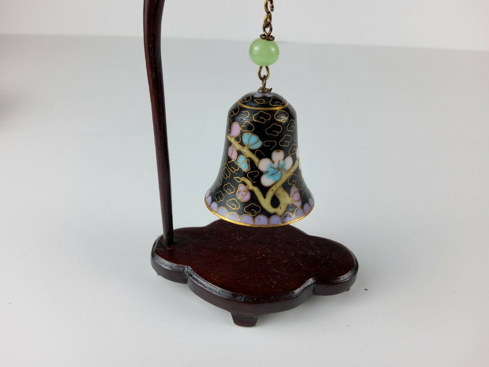 Chinese Asia Floral Painted Cloisonné Bell w/ Wood Stand Crane Birds Design