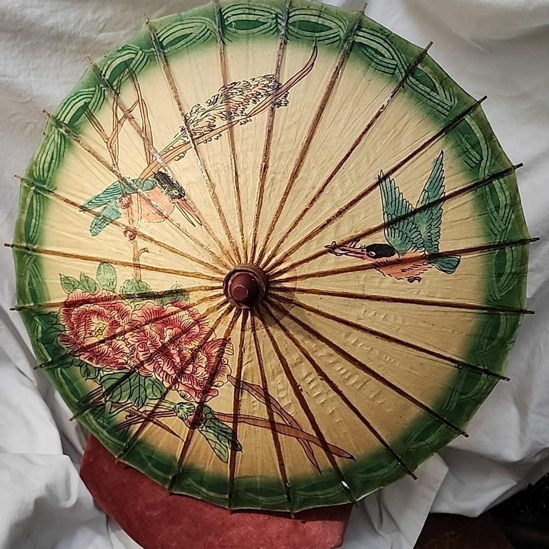 Set of 3 Vintage Oriental Hand Painted Birds & Flowers Bamboo Paper Parasols