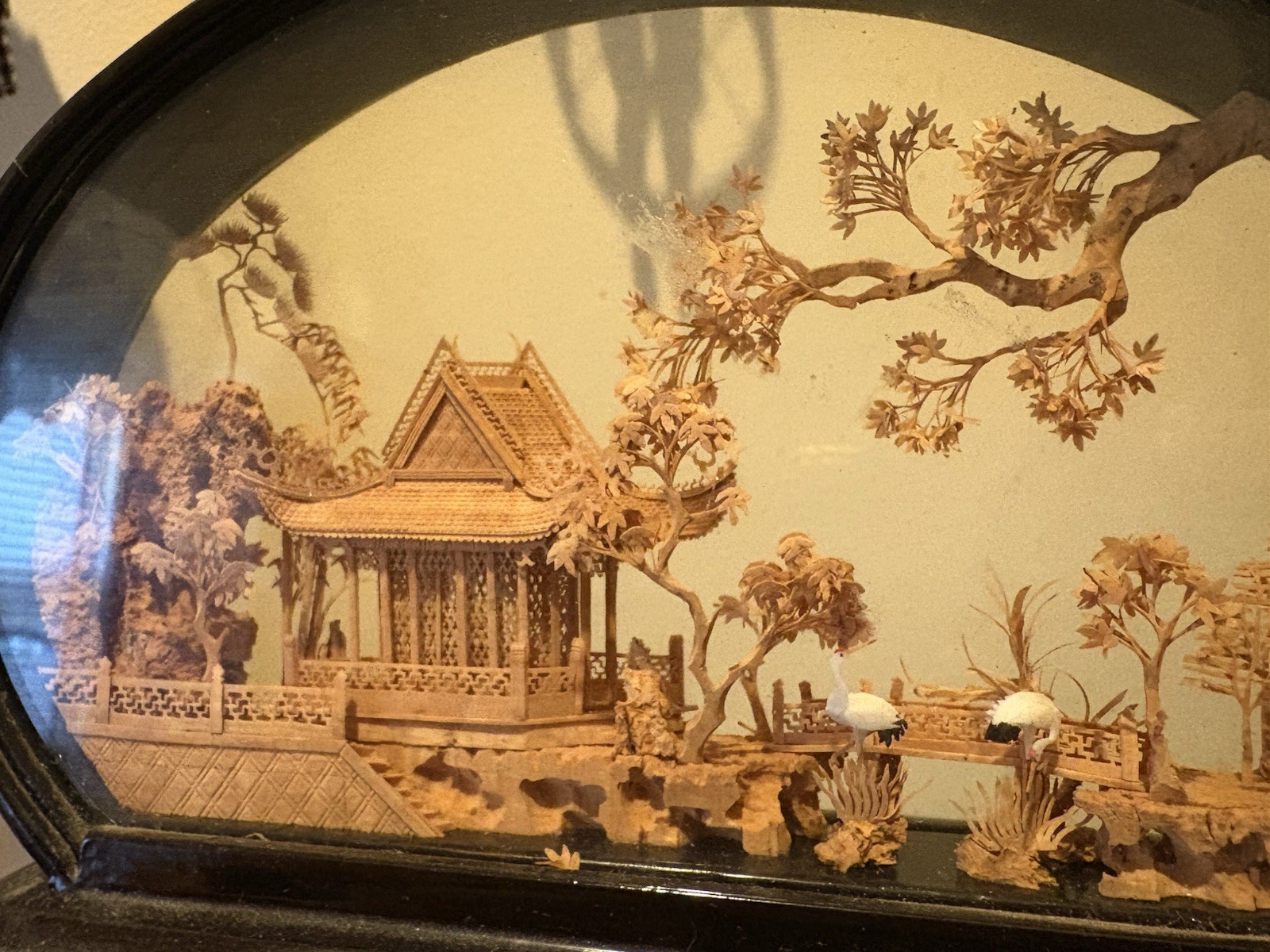 Vtg San Diorama Cork HandCarved W/ Pagoda Trees & Cranes In Glass Case