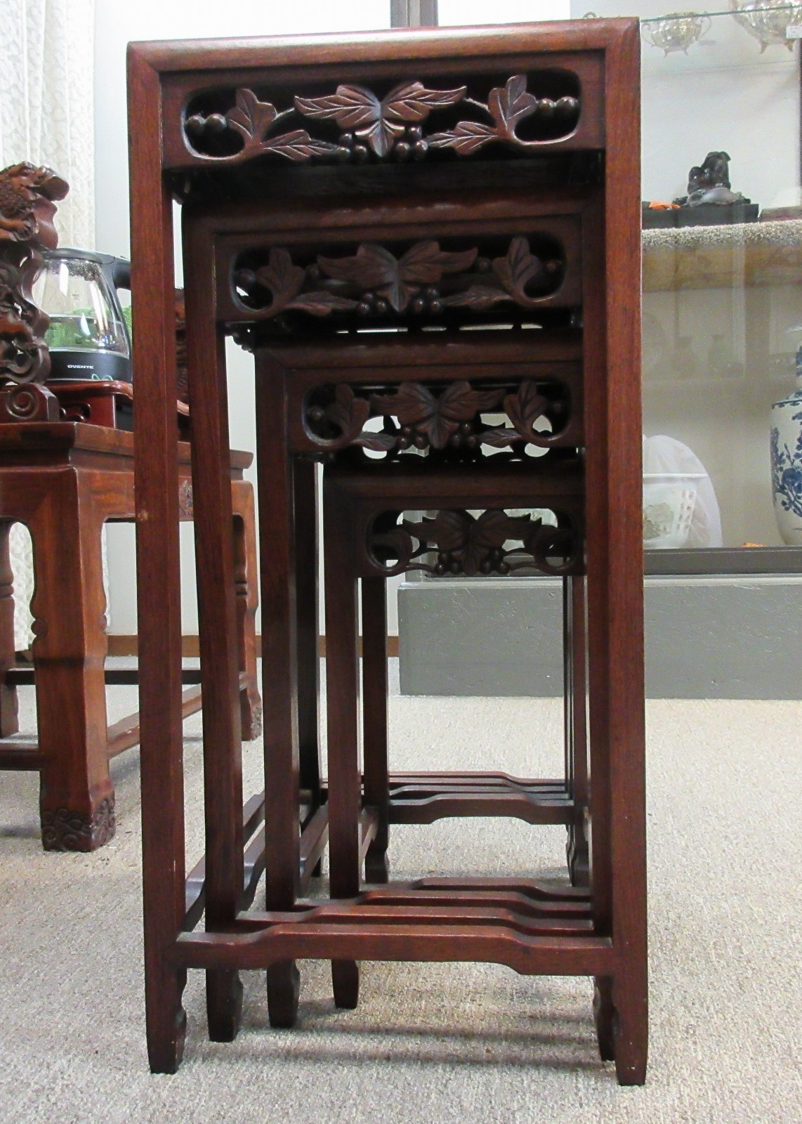 Chinese solid wood carved openwork four-piece flower stand set