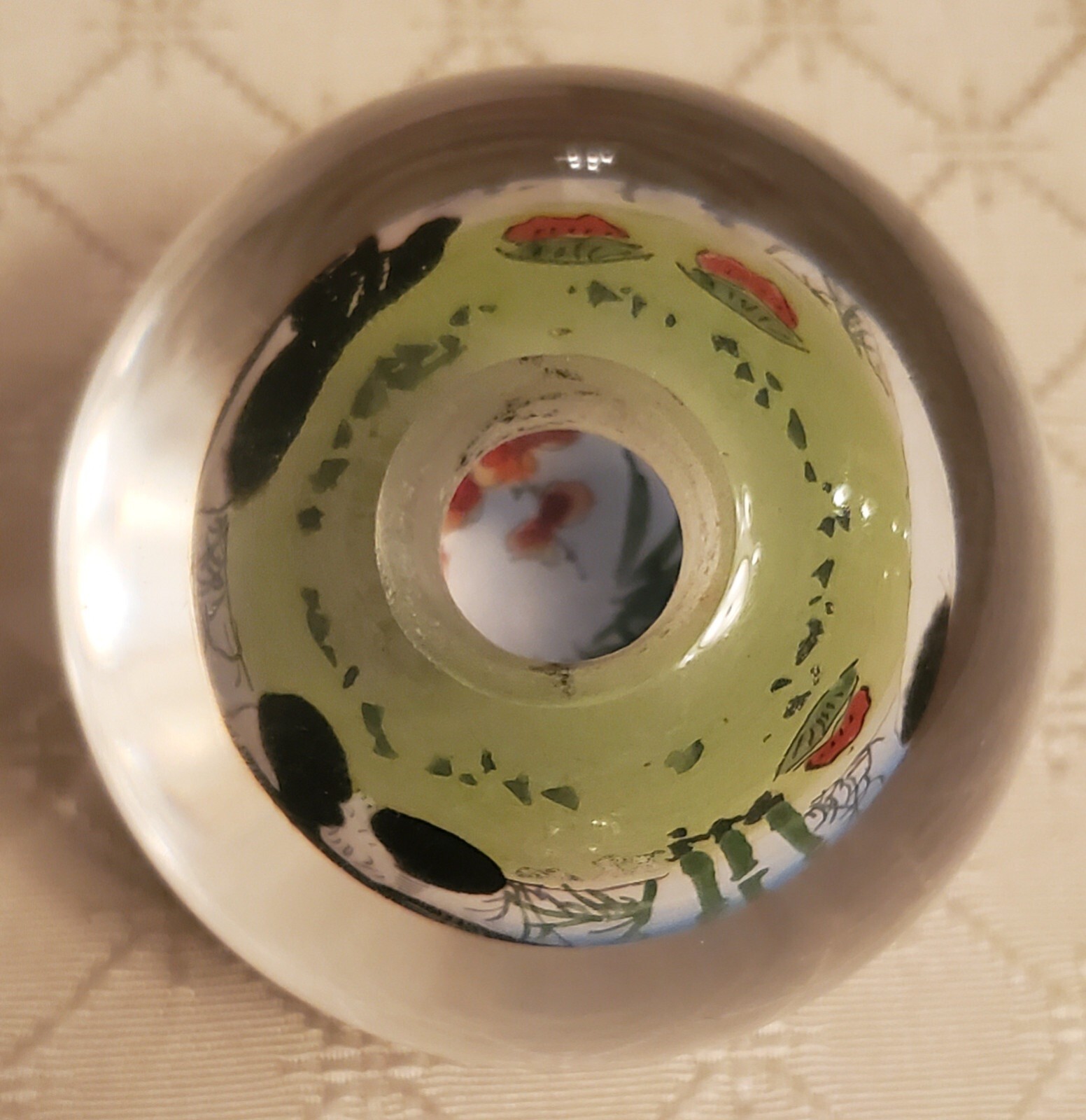 Chinese Glass Ball Sphere Paperweight Reverse Hand Painted Pandas Eat Watermelon