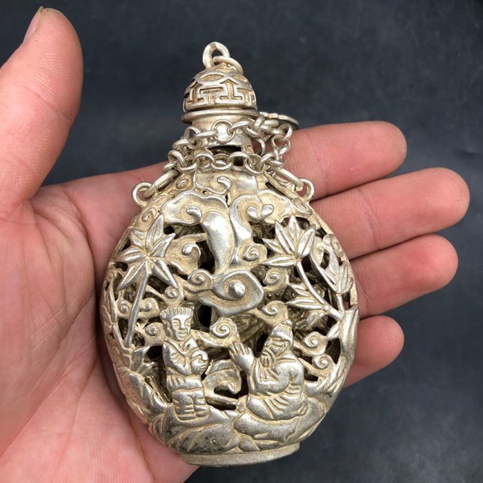 Vintage Chinese Silver Plated Copper Openwork Incense Sachet Pendant Qing Style