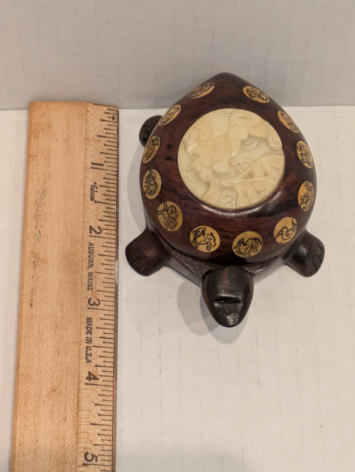 Vintage Carved Wood Turtle with Inlaid Chinese Zodiac Signs Opens to Compass