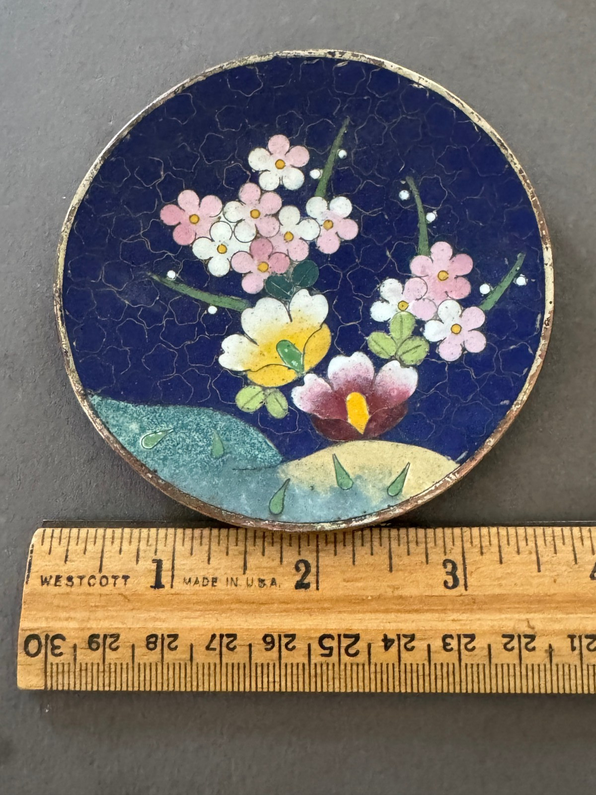 ROYAL BLUE PINK PRUNUS CHERRY BLOSSOM CLOISONNE ENAMEL TRINKET TIDBIT TRAY DISH
