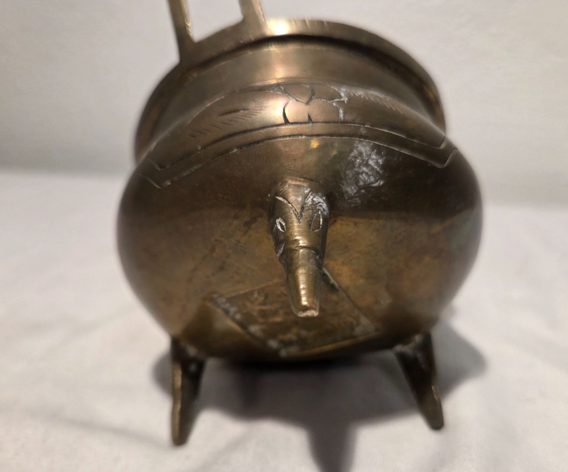 Vintage Marked & etched Chinese Brass Tri-Footed Incense Burner Holder