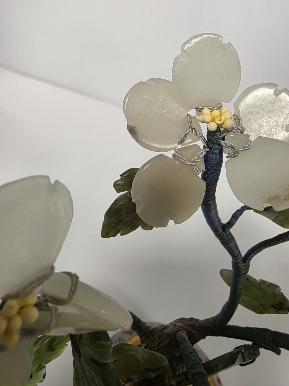 Asian Bonsai Tree Blossom Cloisonne Floral Pot White And Green Stone Jade?