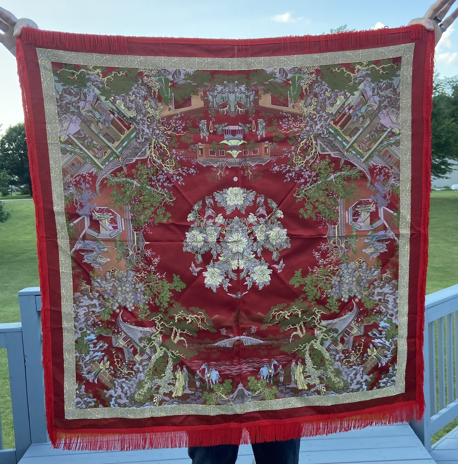 Vintage Silk Brocaded Flowers China Tapestry or Table Cloth Vivid Colors Fringe