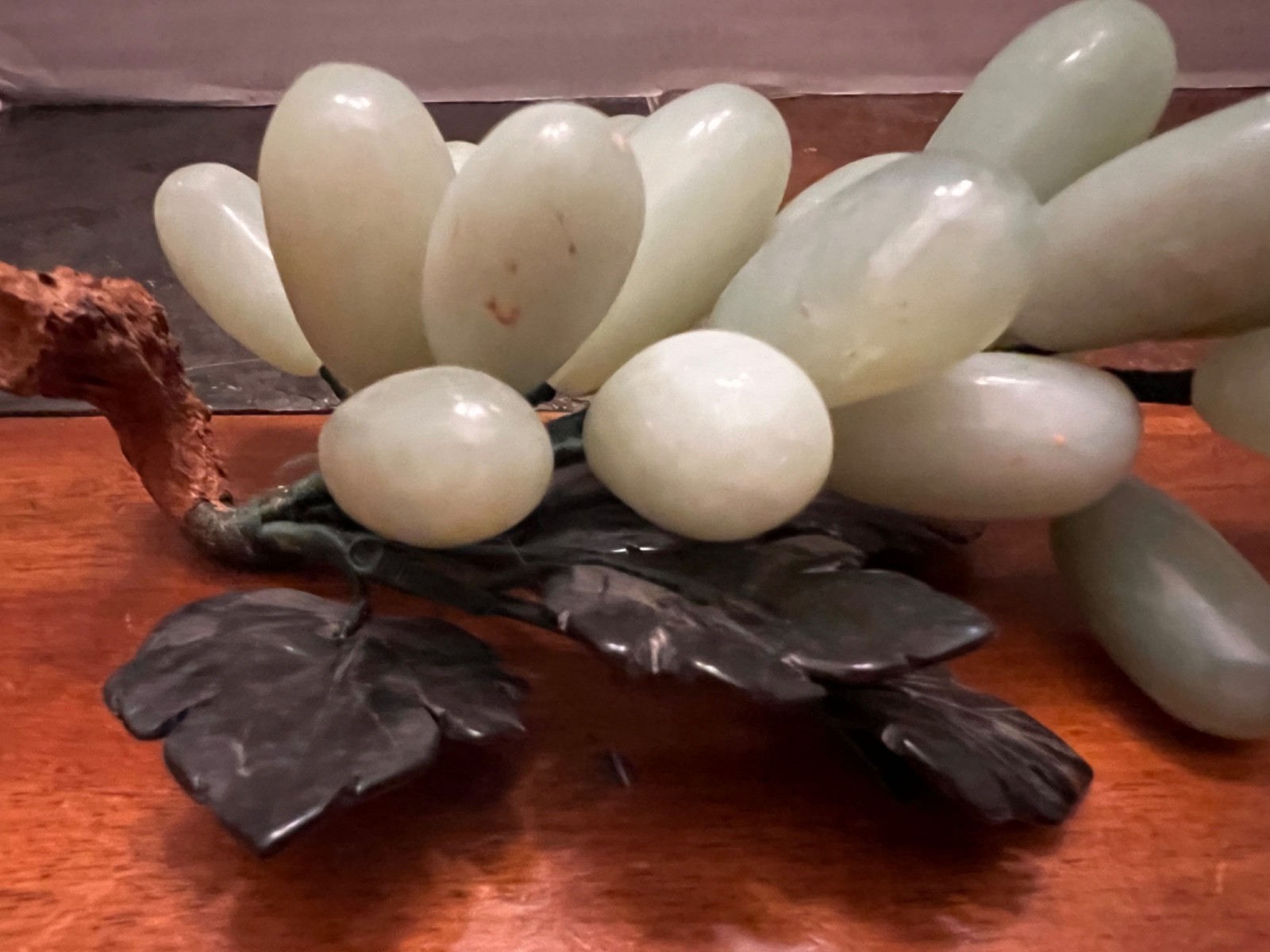 Vintage Alabaster Marble Stone Green Grape Cluster w/Leaves Faux Wood Branch