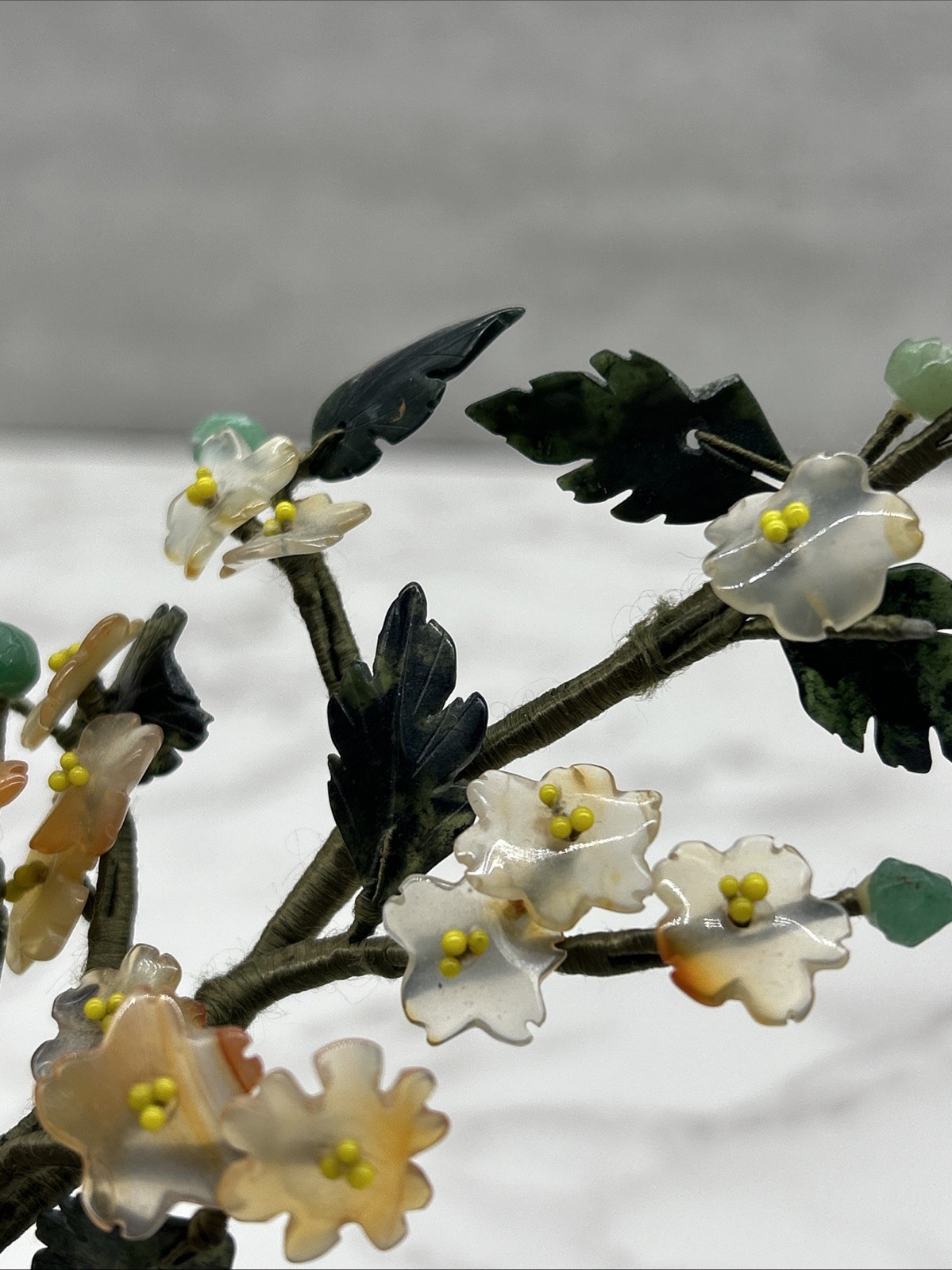 Chinese Carved Jade Agate Carnelian Quartz Flowers Bonsai Tree Cloisonne Enamel