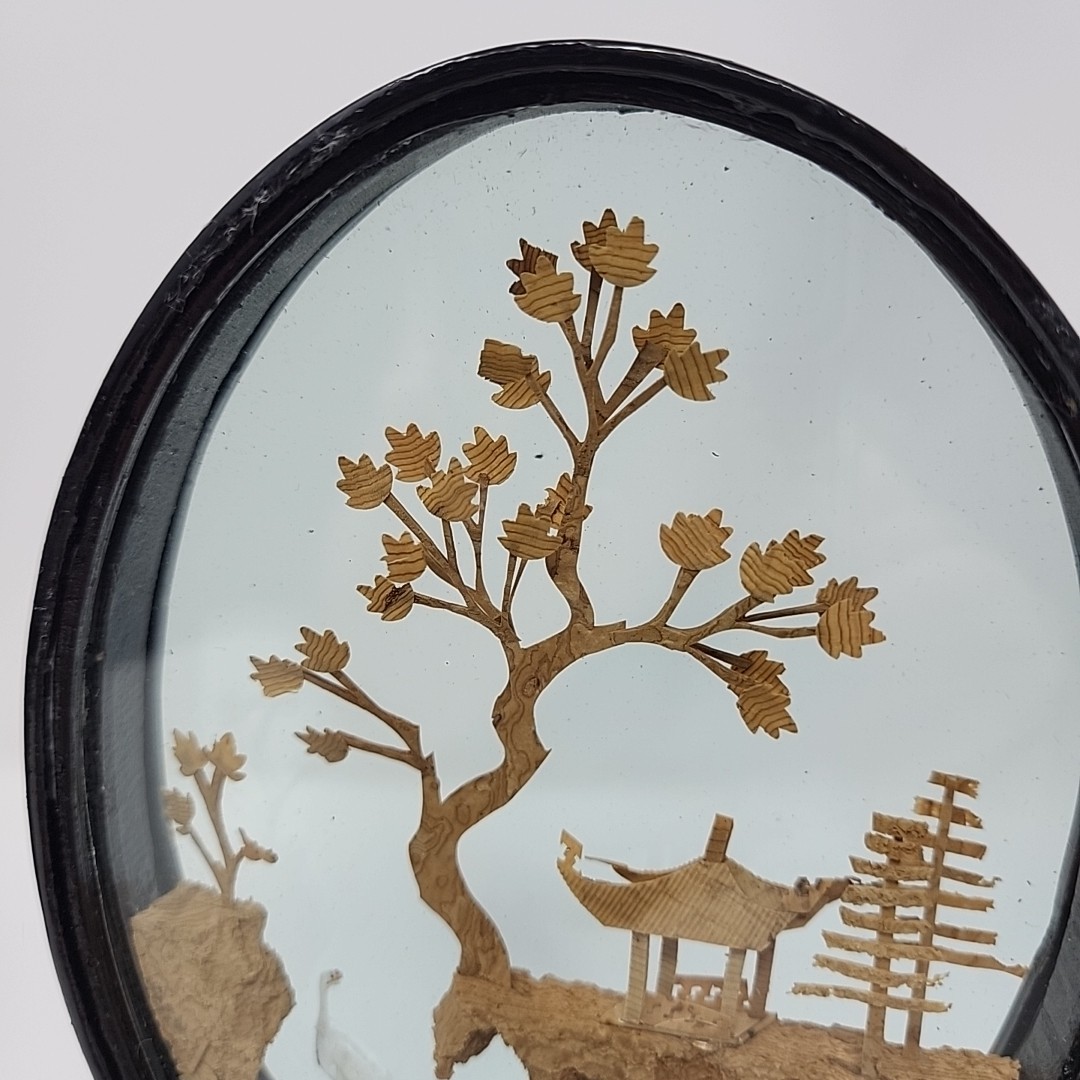 Vintage Oval Chinese 3D Art Wood & Cork Diorama Asian Crane Tree on Pedestal