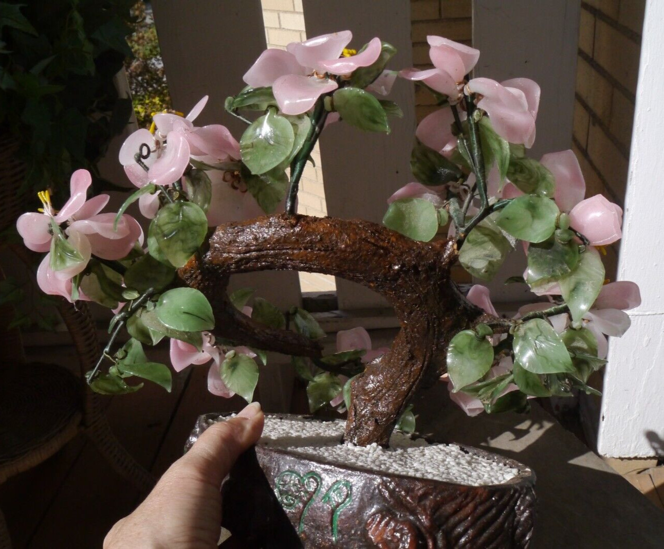 Jade Bonsai Tree Asian Chinese Japanese Art Glass Agate Pot Flowers VTG Dogwood?