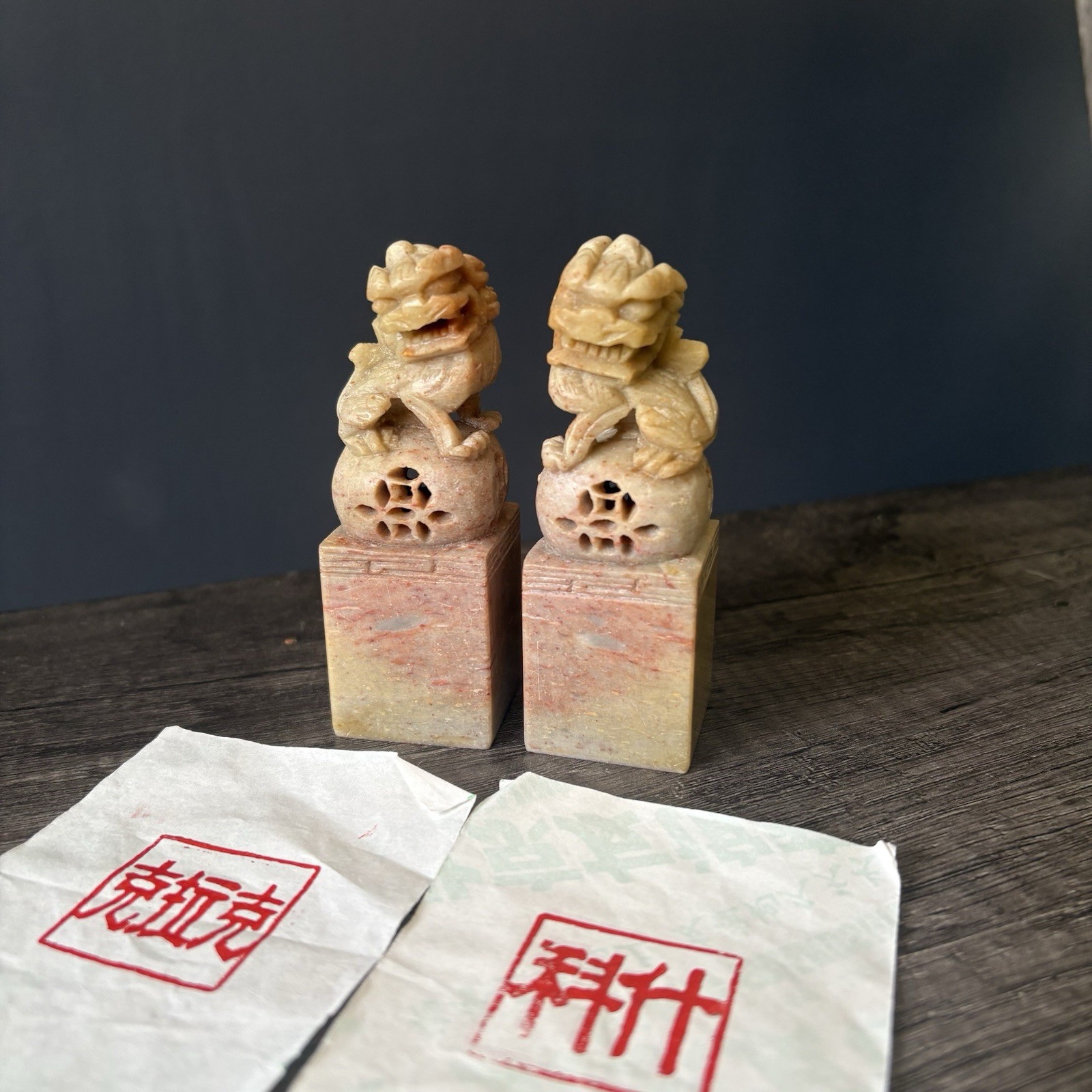 Vintage Chinese Soapstone Foo Dog Seal Stamps (Pair) – Hand Carved Lion Chops