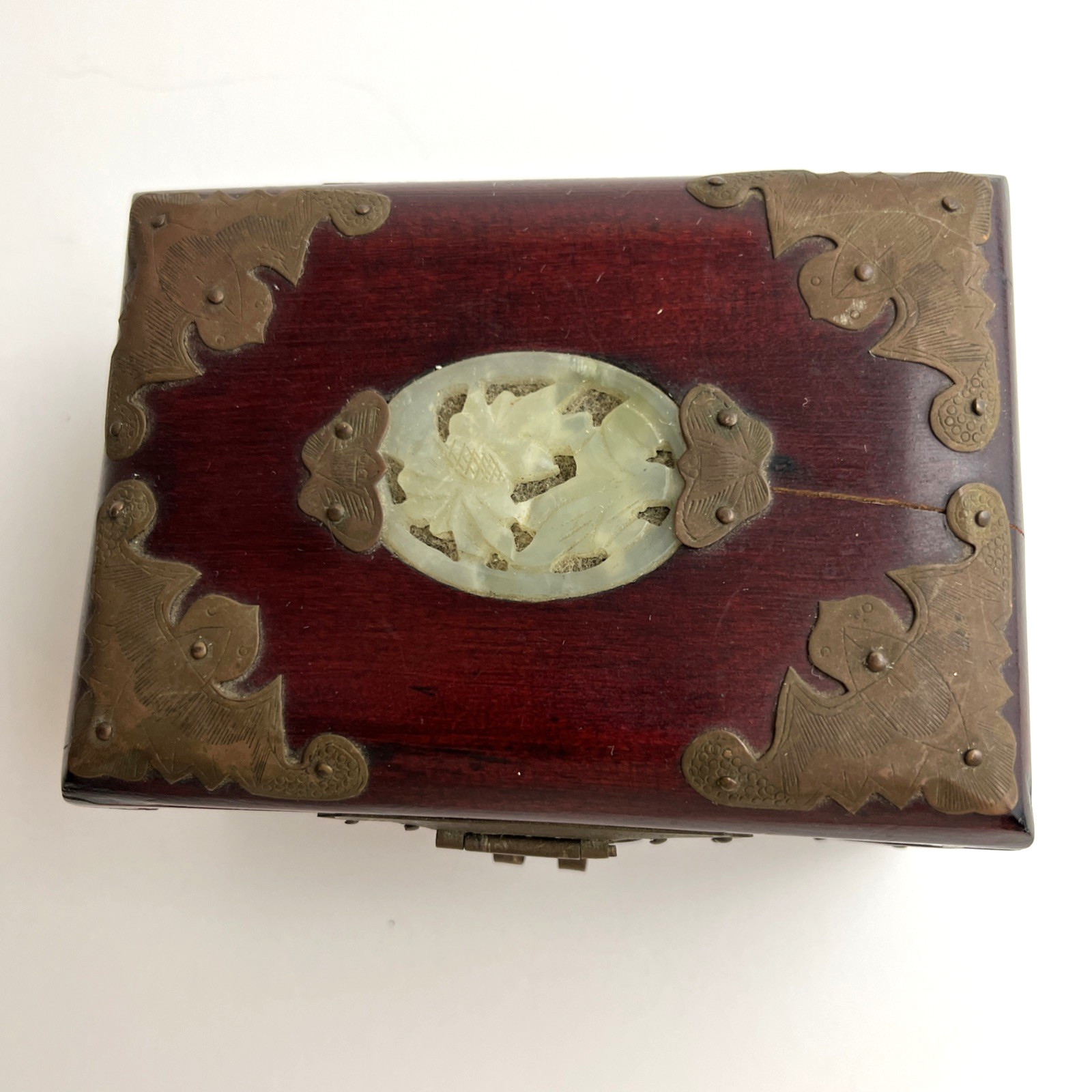 Rare Vintage Chinese Mahogany Jewel Box Chased Brass Accent Lock Jade Medallion