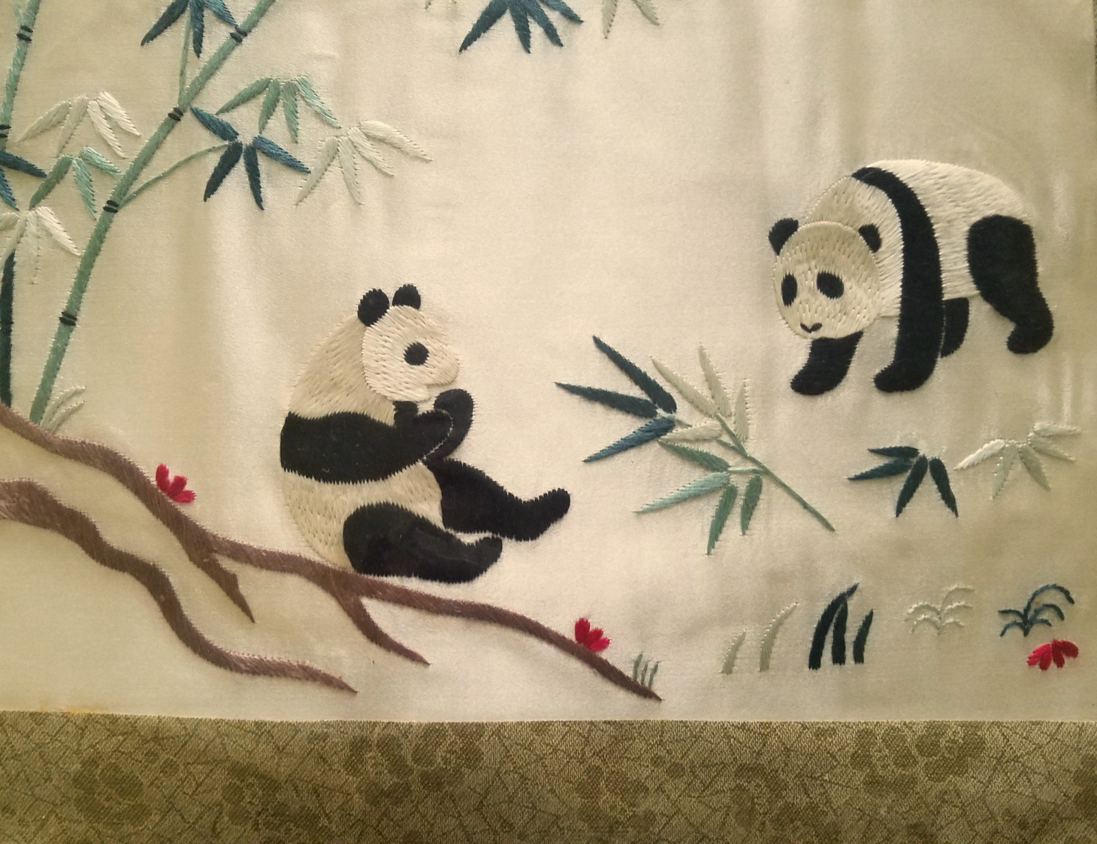 Chinese Embroidered Pandas and Bamboo Picture on Silk, Circa 2001