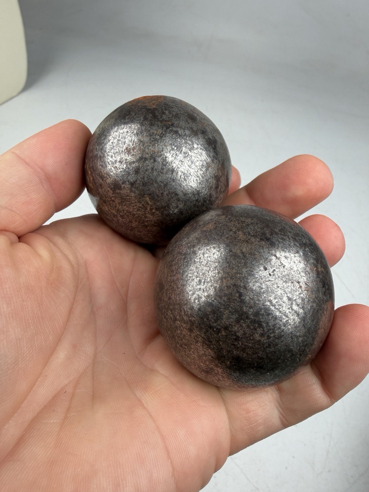 Antique Chinese Qing Dynasty Iron Meditation Balls Hand Forged Chiming Pair 676G