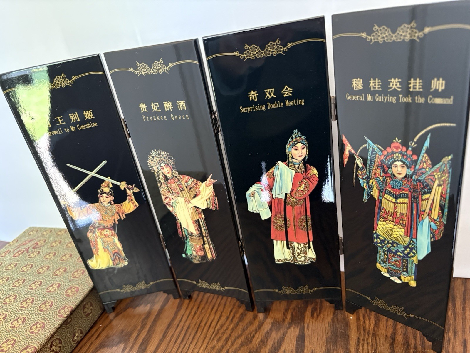 Vintage Black Lacquer Chinese Table Screen Opera Master Mei Ianfang 4 Panel