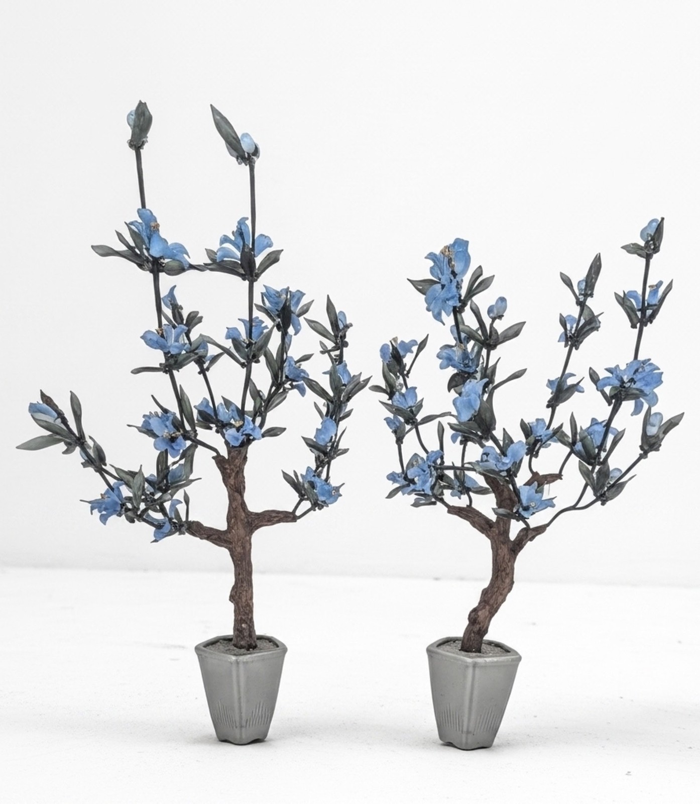 (Pair) Vintage 22″ Handmade Bonsai Blue/Green Glass Trees in Celedon Color Pots