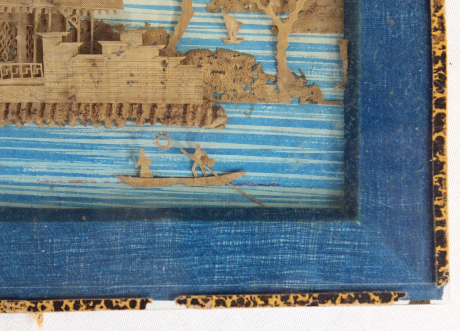 Antique Chinese Asian Miniature Wood Carving Village Scene Signed Stamp Framed