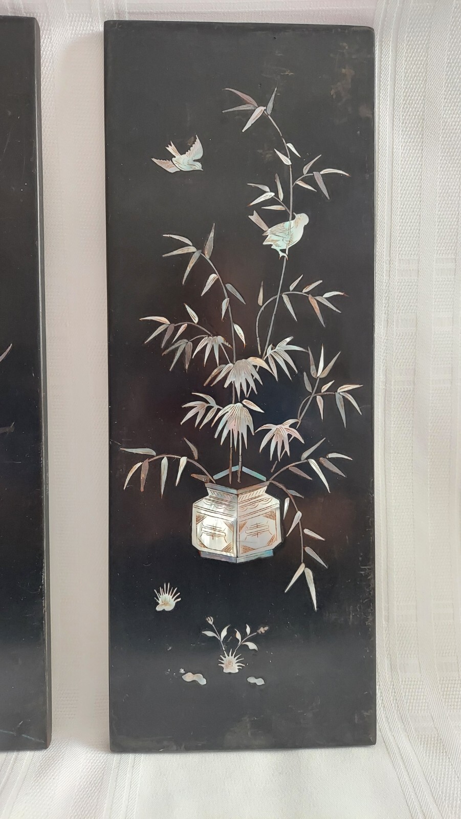 2 VTG Asian Mother of Pearl Floral Birds & Butterflies Wall Panels 15″x6″ (U14)