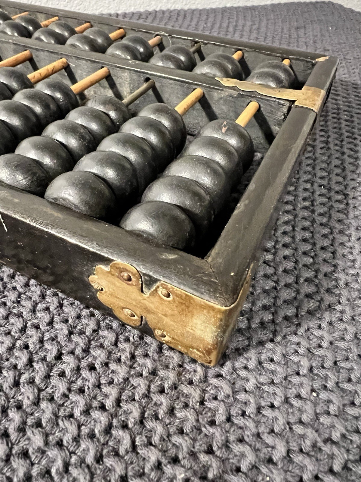 Lotus Flower Brand Abacus Black Painted Wood Brass Accents Has Wear Vintage