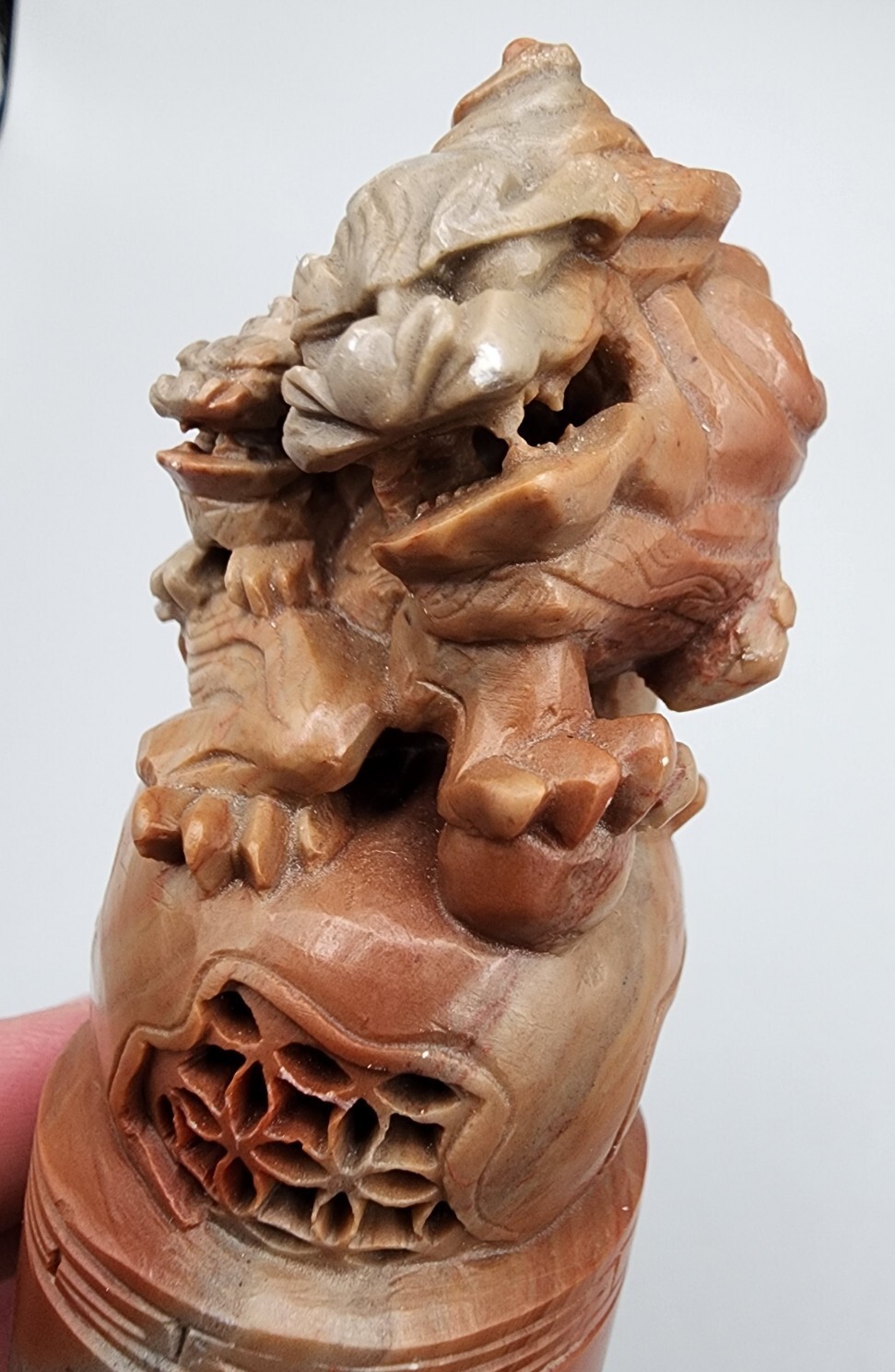Vintage Carved Chinese Soapstone Seal Foo Dog Lion. 4.5″ Tall 1.5″ Wide.