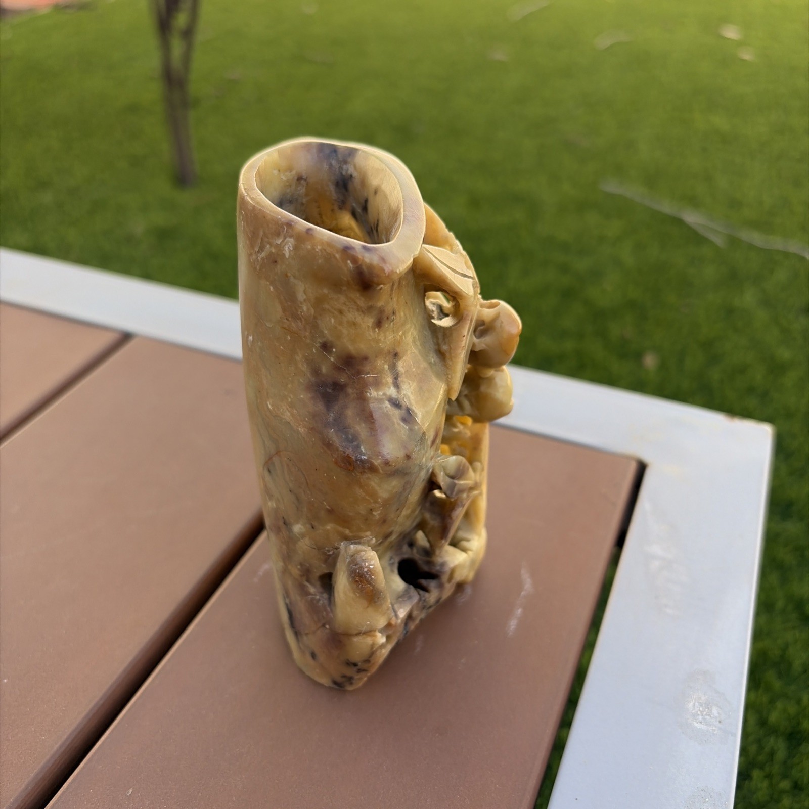 Vintage Chinese Soap Stone Carved Flowers in Sculptured Vase 4 1/2 Inches