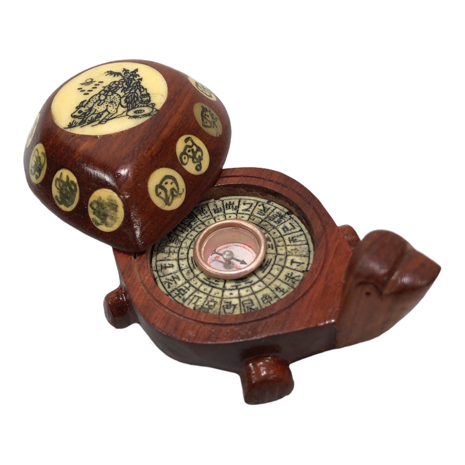 Vintage Carved Wood Turtle with Inlaid Chinese Zodiac Signs Opens to Compass