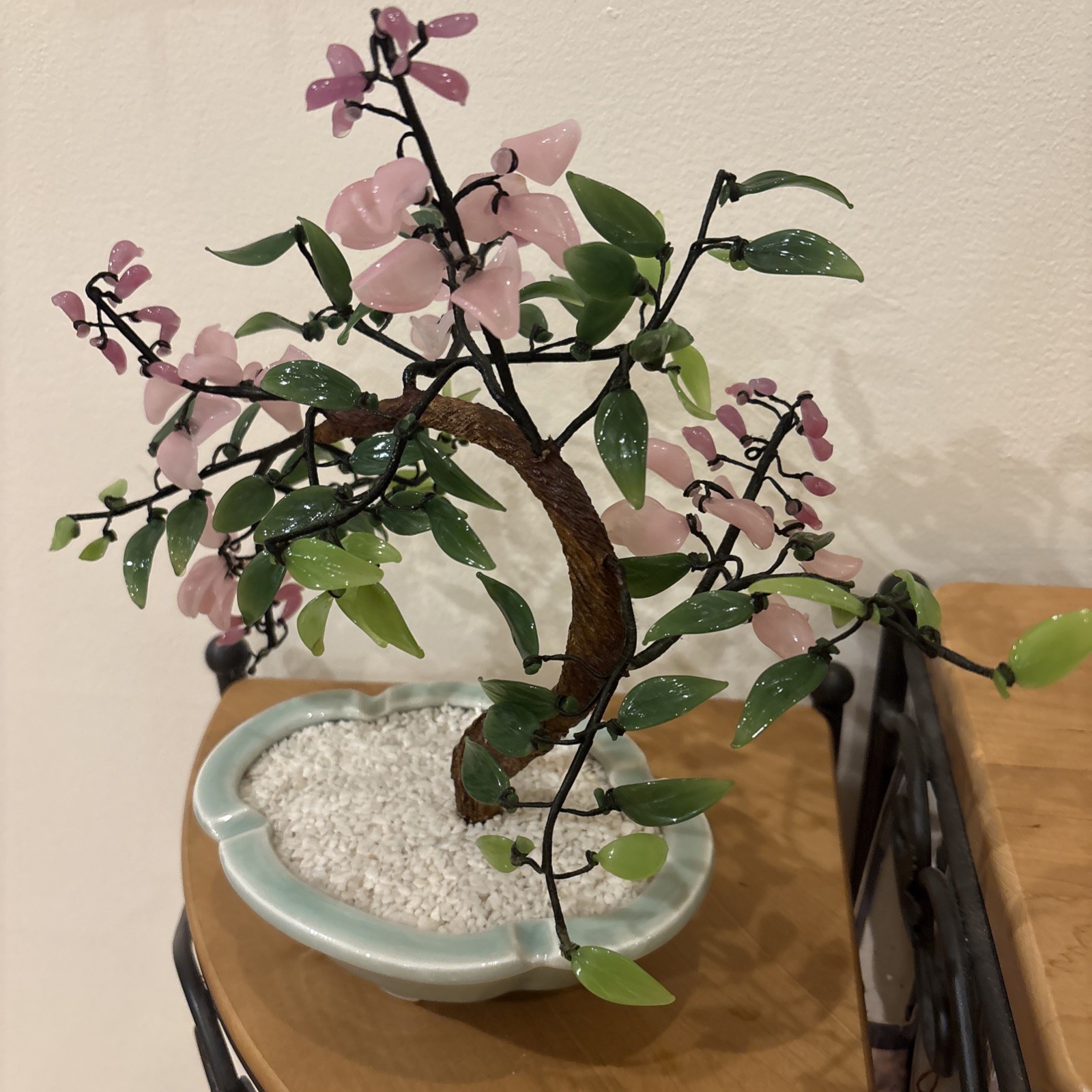 JADE BONSAI TREE CHINESE GLASS ASIAN FLOWERS in pot Approx 11” W X 10”T