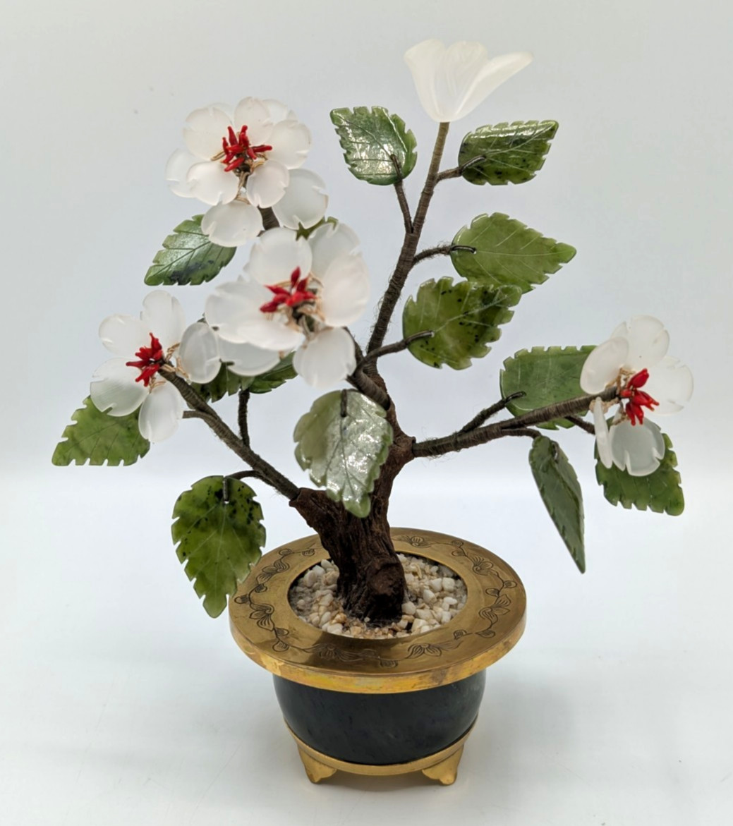 Bonsai Tree Sculpture 8 inch Semi Precious Stones Jade Brass Pot Hong Kong