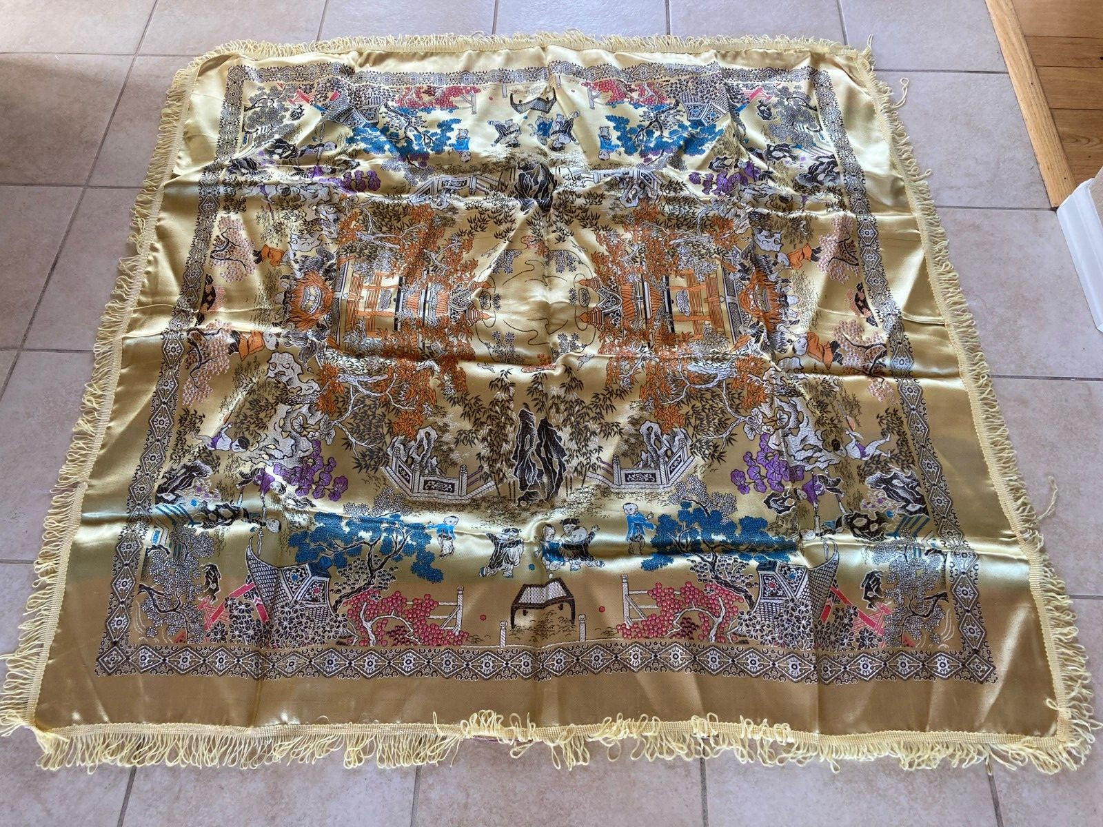 Vintage Silk Satin Brocade Piano Shawl Gold 48″ Fringes Excellent WWII