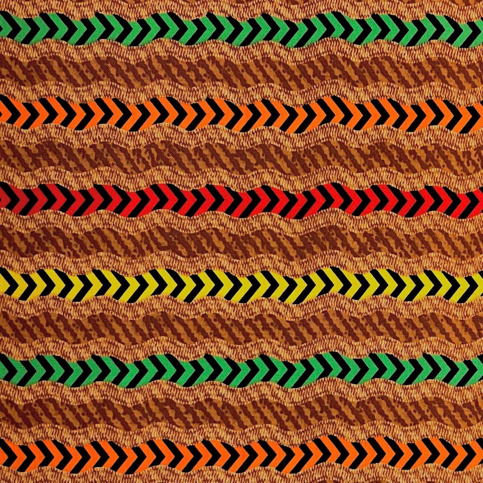 By 1/2 Yard Wavy Red Green Orange Stripes Arrows Brown Timeless Treasures Fabric