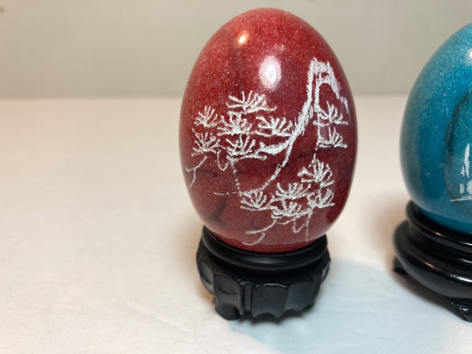 2 Vintage Chinese Hand Etched Painted Marble Stone Egg Monk Stand 2.5”