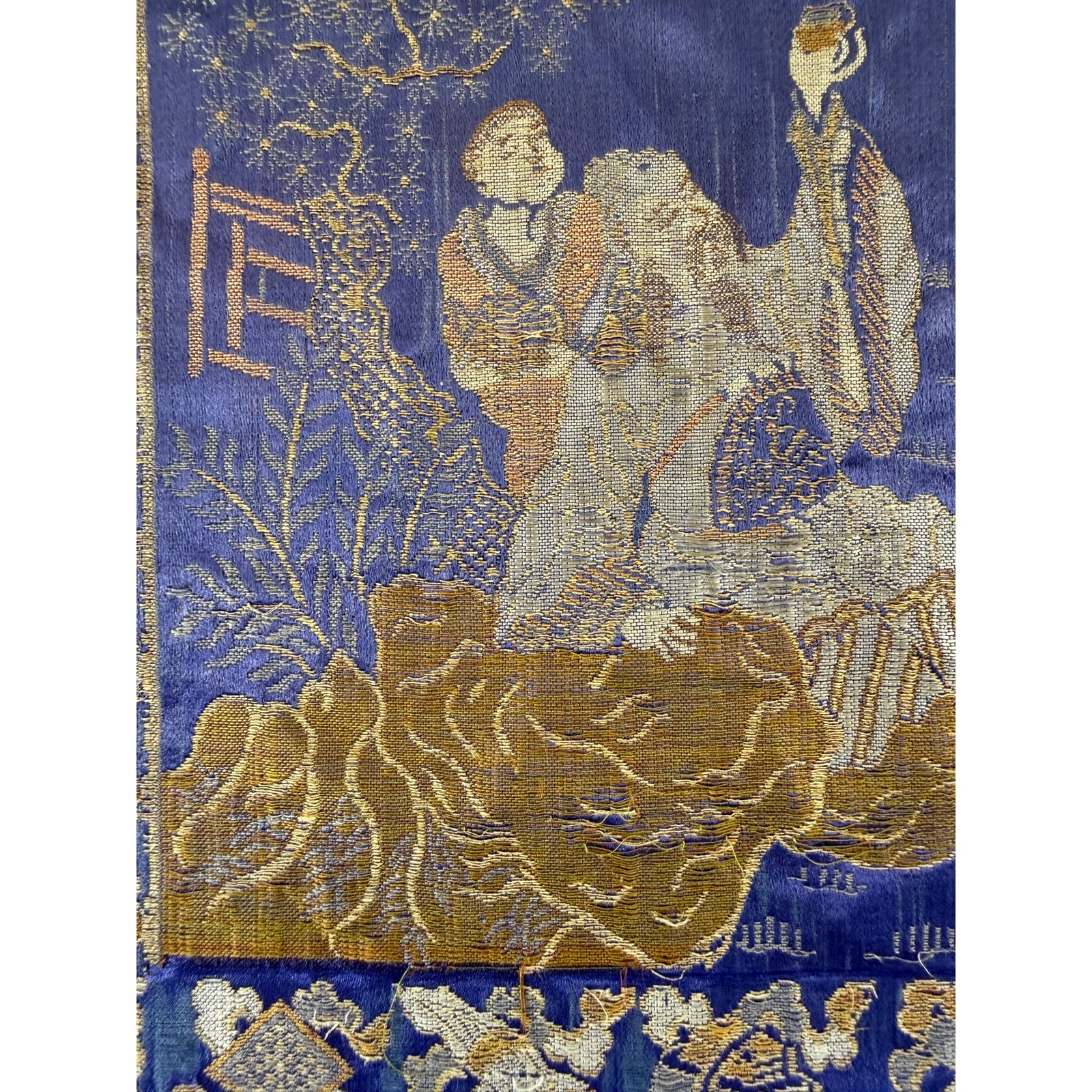 Antique Chinese Silk Brocade Cranes & Scholars Tapestry 18x10in