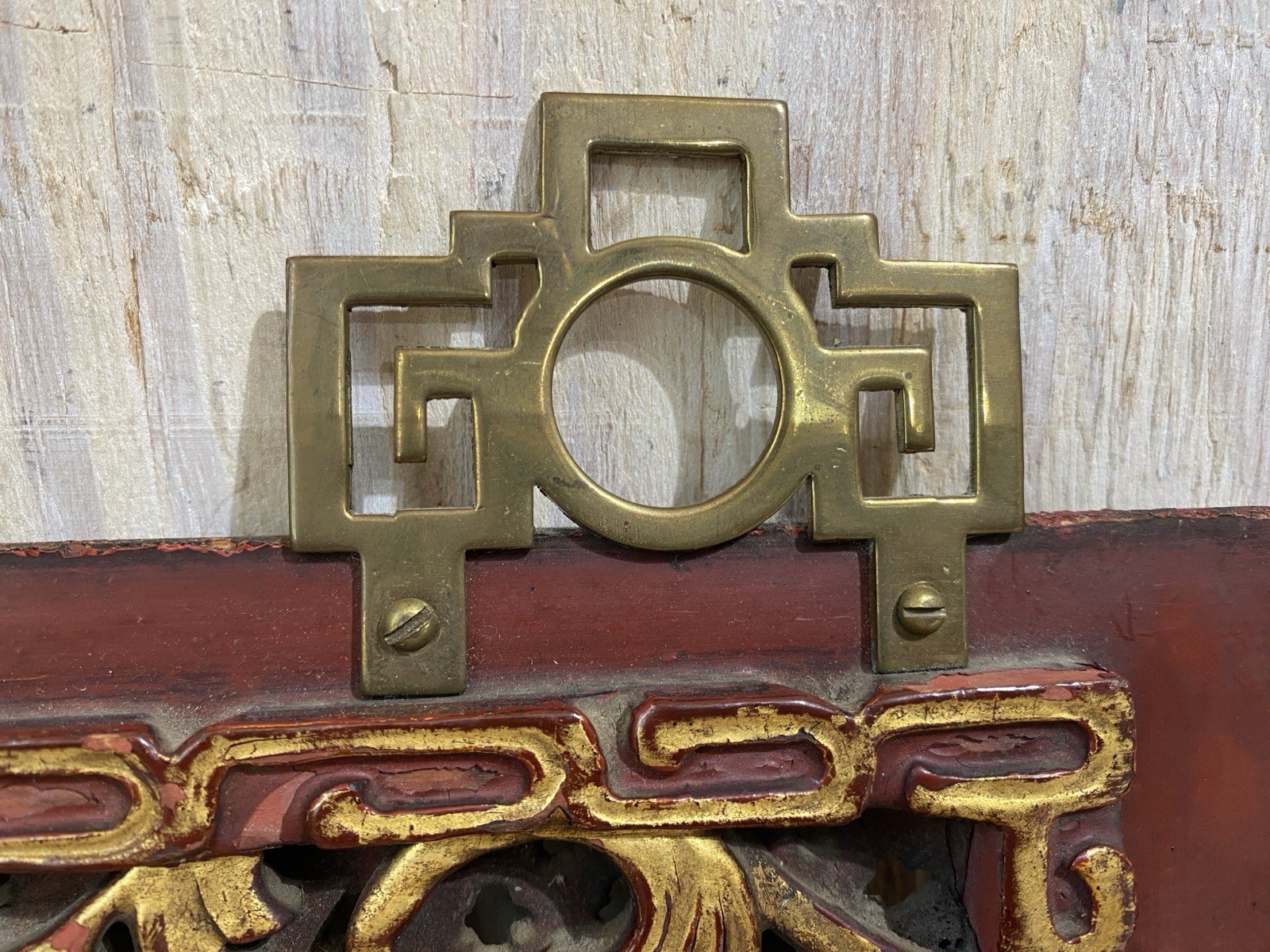 Distressed Carved Gilt Wood Chinese Panel Plaque Brass Hanger