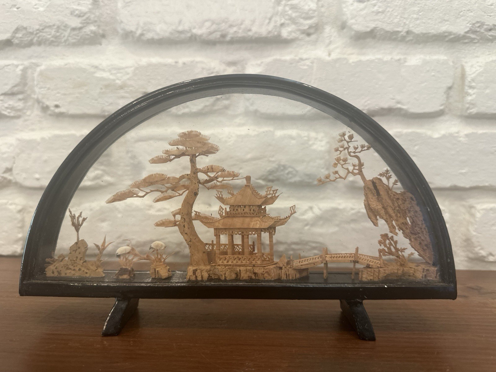 VINTAGE CHINESE SAN YOU DIORAMA CORK CARVING GLASS CASE PAGODA TREES & CRANES.