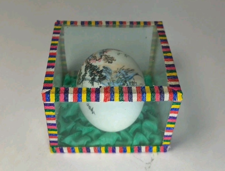 Vintage Hand Painted Egg Shell in Glass Display Box Asian Oriental Landscape