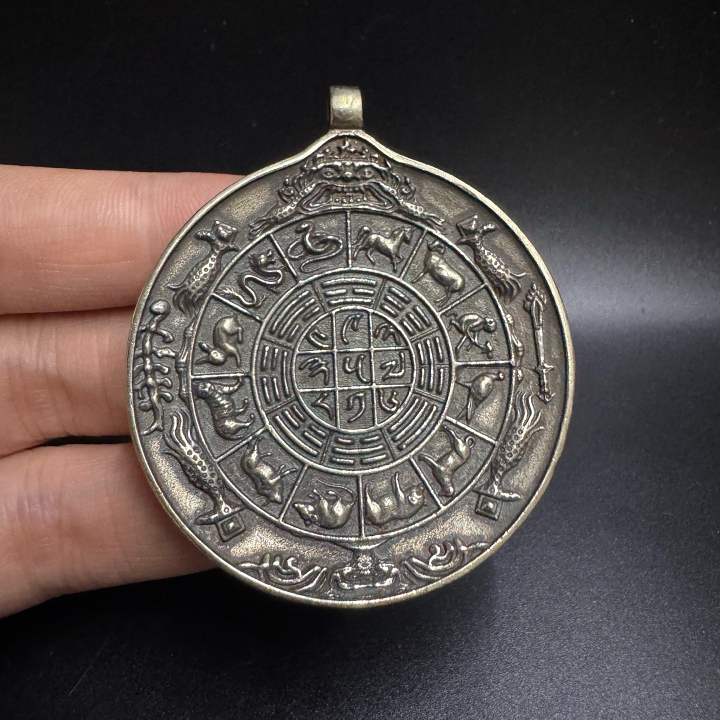White Copper Tibetan Nine Palaces 12 Zodiac Bagua Pendant Lucky Protection Amule