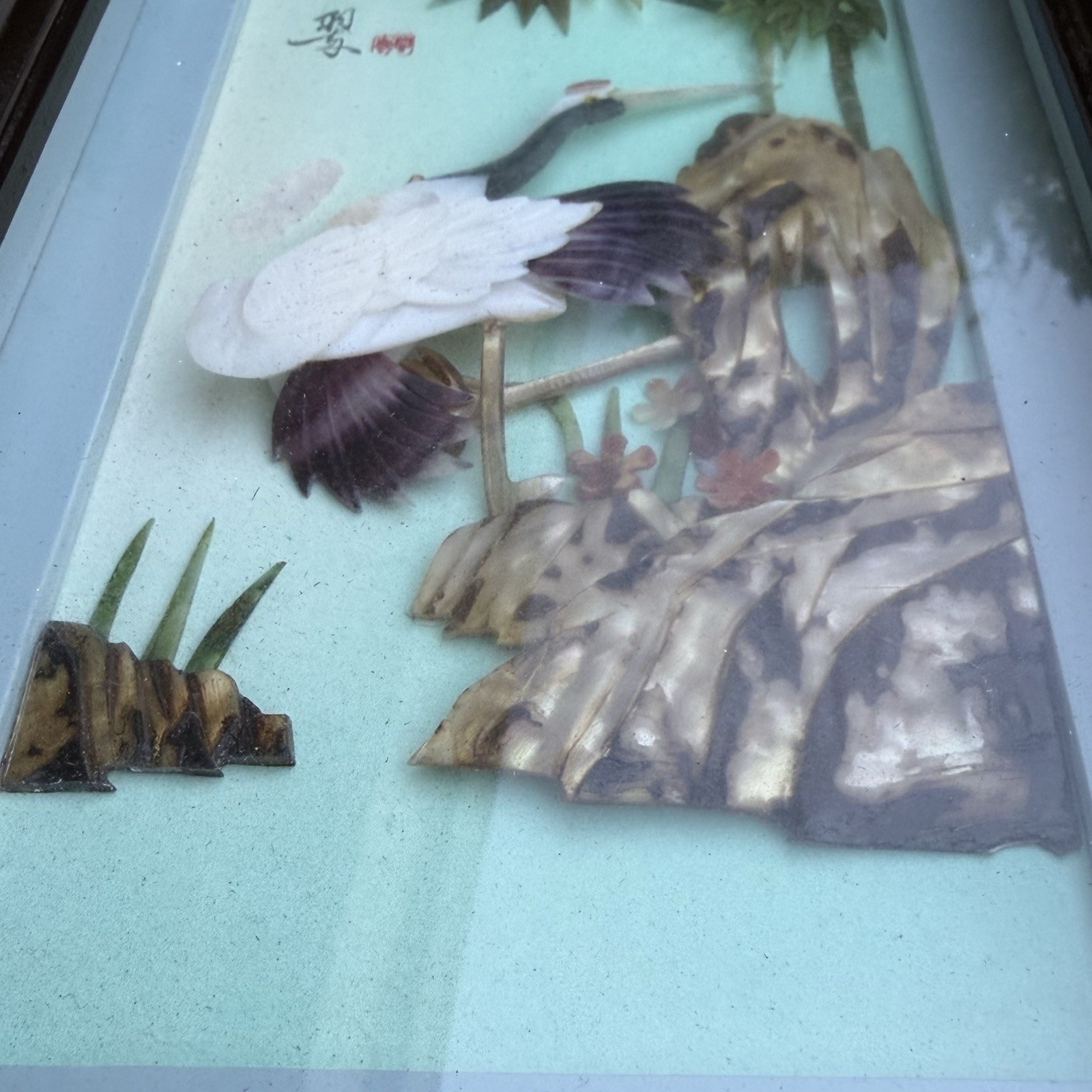 Vintage Asian 3D Shadowbox Wall Hanging Red-Crowned Cranes Shell Nature 9.5×5.5”