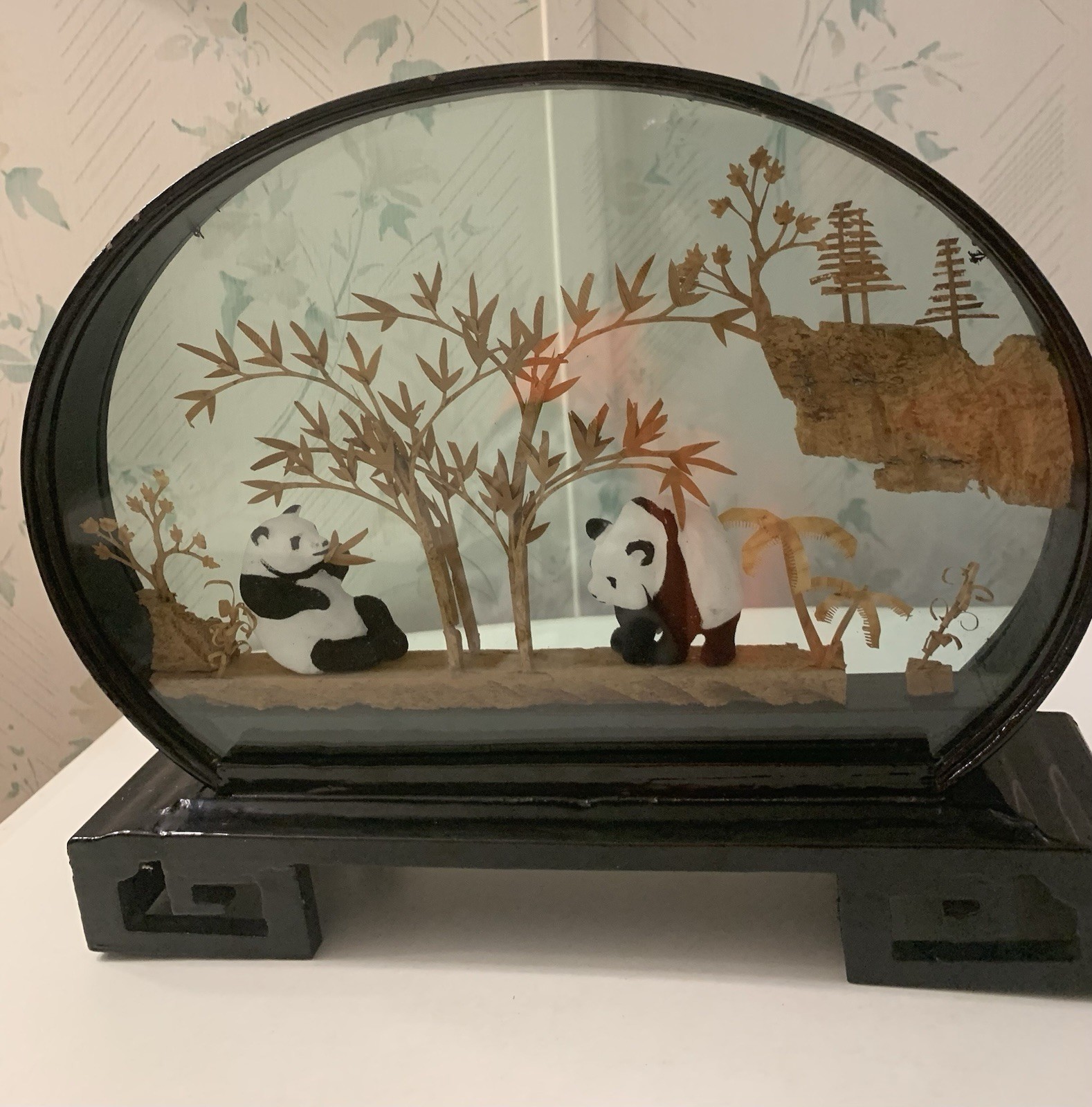 Panda Bear Vintage Collectible San You cork carve Art 3D Diorama in glass frame